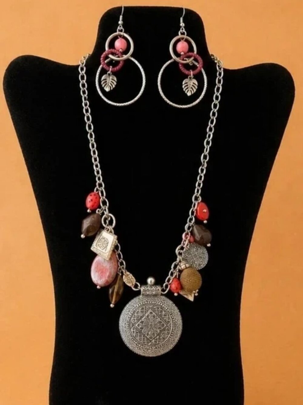 Chico's Boho Charm Necklace & Matching Earrings Set w Silver Medallion & Beaded